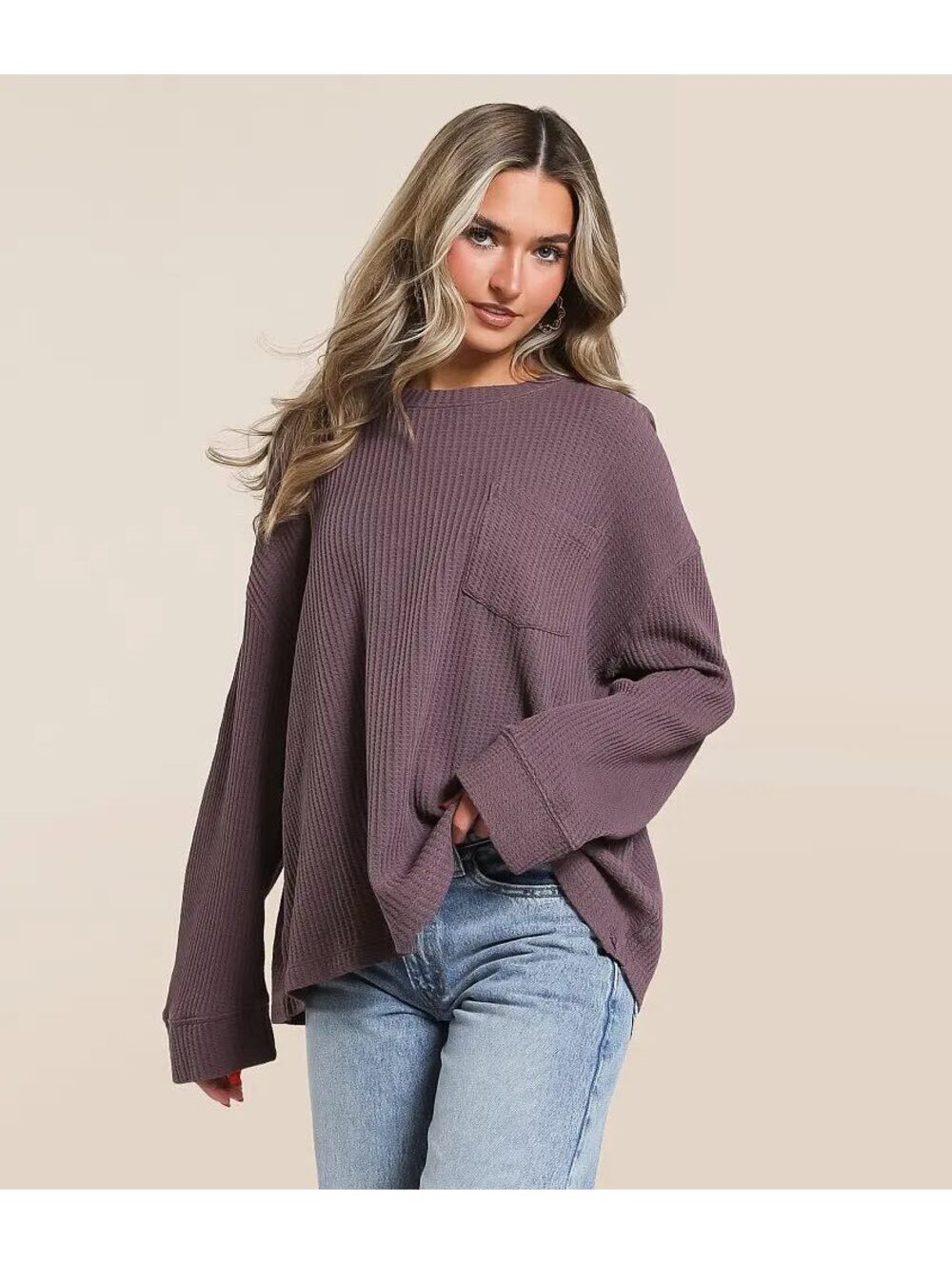 Free People | We The Free Dawson Oversized Thermal Shirt Dark Purple XL $78